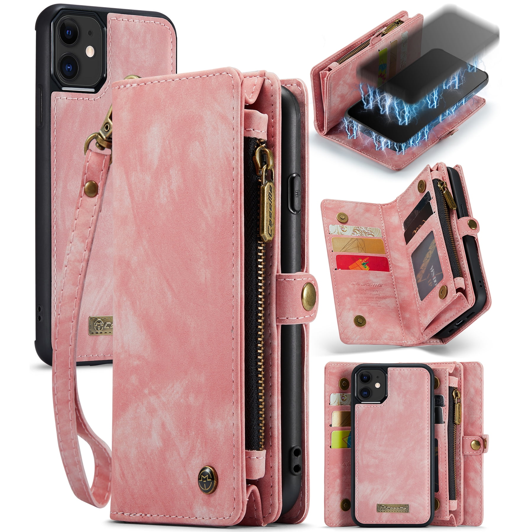 Feishell Durable 2-In-1 Magnetic Detachable Wallet Case for iPhone 11,for Women Men,Premium PU Leather Zipper Pocket Flip Multi Card Slots Purse Phone Case with Wrist Strap,Pink