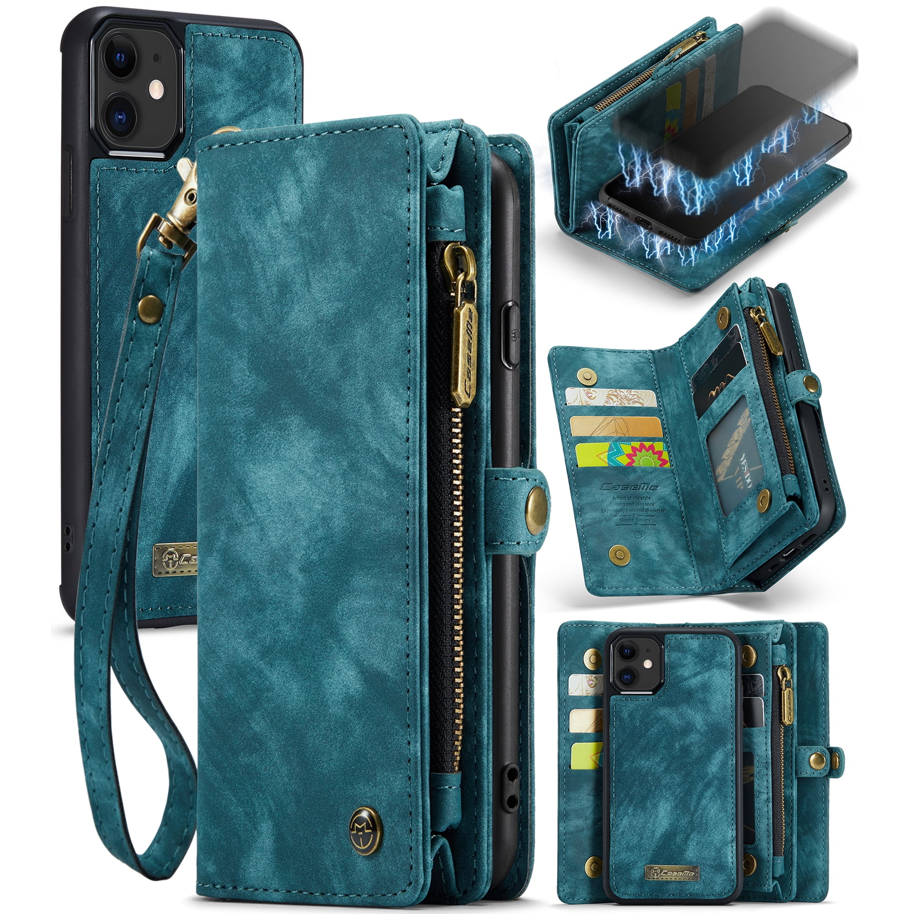 Feishell Durable 2-In-1 Magnetic Detachable Wallet Case for iPhone 11,for Women Men,Premium PU Leather Zipper Pocket Flip Multi Card Slots Purse Phone Case with Wrist Strap,Green