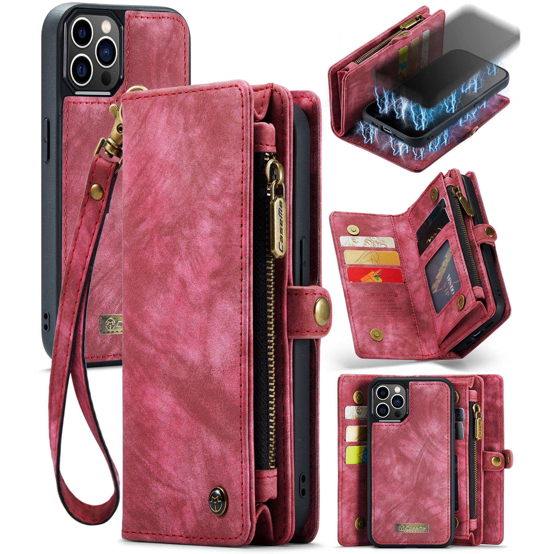 Feishell Durable 2-In-1 Magnetic Detachable Wallet Case for iPhone 12 Pro Max,for Women Men,Premium PU Leather Zipper Pocket Flip Multi Card Slots Purse Phone Case with Wrist Strap,Red