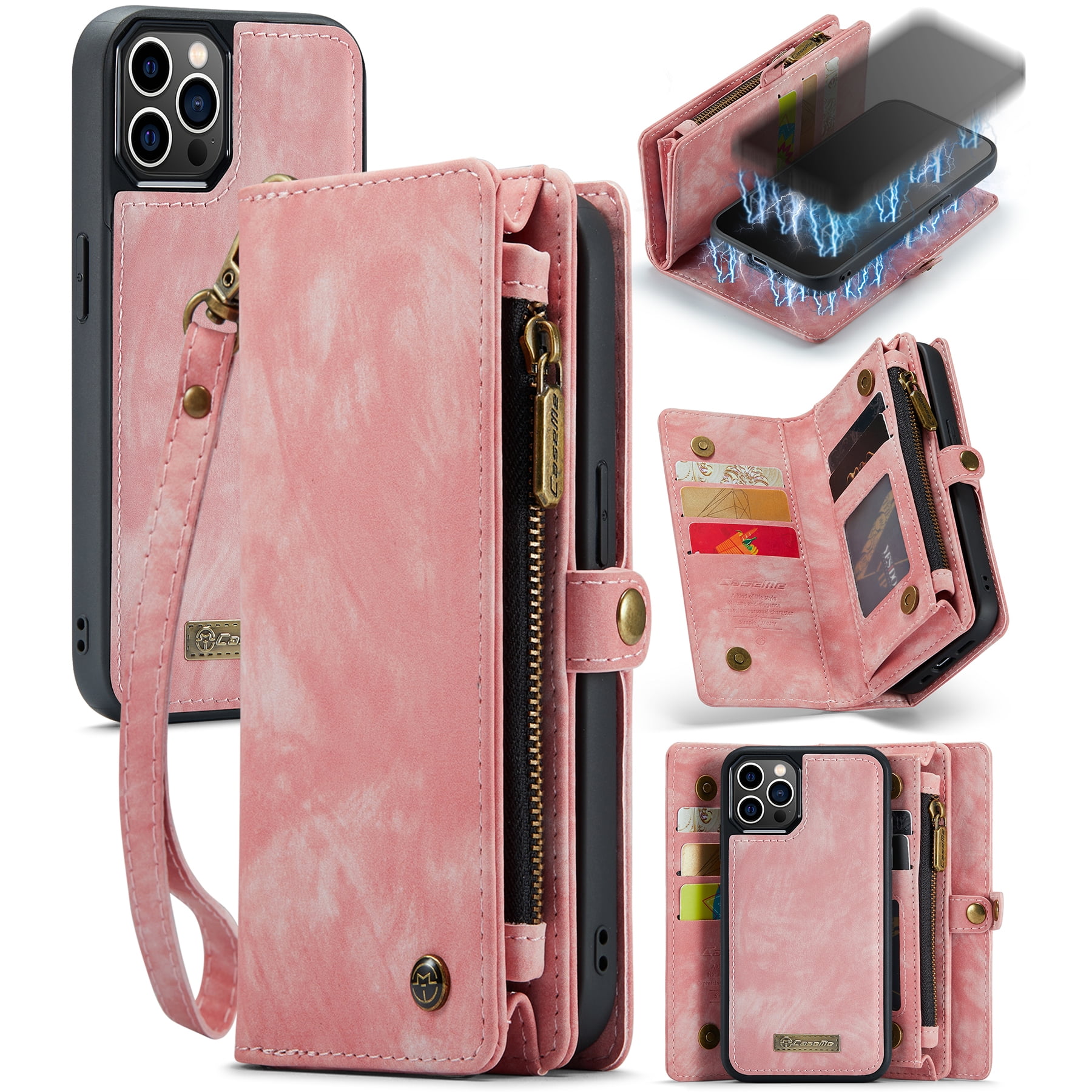 Feishell Durable 2-In-1 Magnetic Detachable Wallet Case for iPhone 12 Pro Max,for Women Men,Premium PU Leather Zipper Pocket Flip Multi Card Slots Purse Phone Case with Wrist Strap,Pink