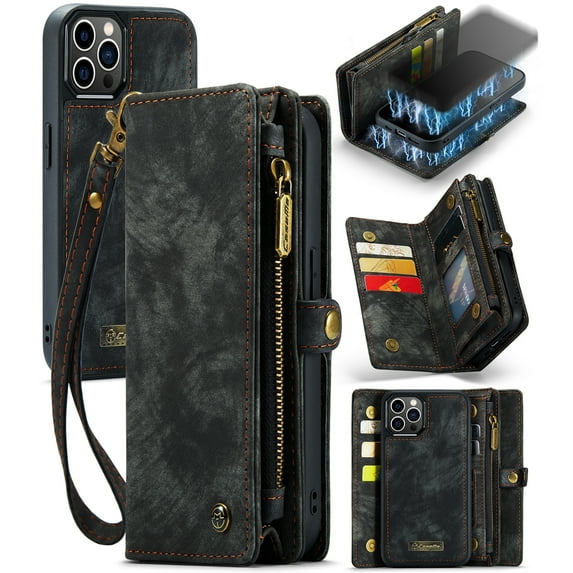 Feishell Durable 2-In-1 Magnetic Detachable Wallet Case for iPhone 12 Pro Max,for Women Men,Premium PU Leather Zipper Pocket Flip Multi Card Slots Purse Phone Case with Wrist Strap,Black