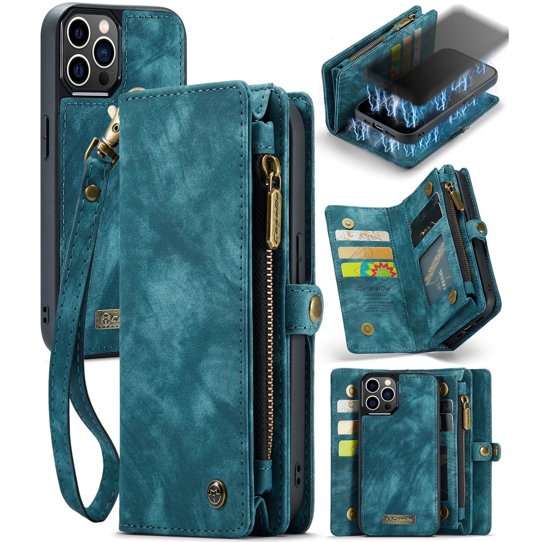 Feishell Durable 2-In-1 Magnetic Detachable Wallet Case for iPhone 12 Pro Max,for Women Men,Premium PU Leather Zipper Pocket Flip Multi Card Slots Purse Phone Case with Wrist Strap,Green