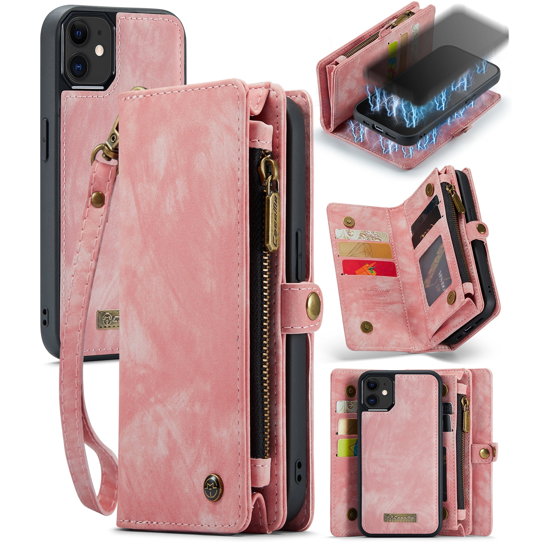 Feishell Durable 2-In-1 Magnetic Detachable Wallet Case for iPhone 12 / iPhone 12 Pro,for Women Men,Premium PU Leather Zipper Pocket Flip Multi Card Slots Purse Phone Case with Wrist Strap,Pink
