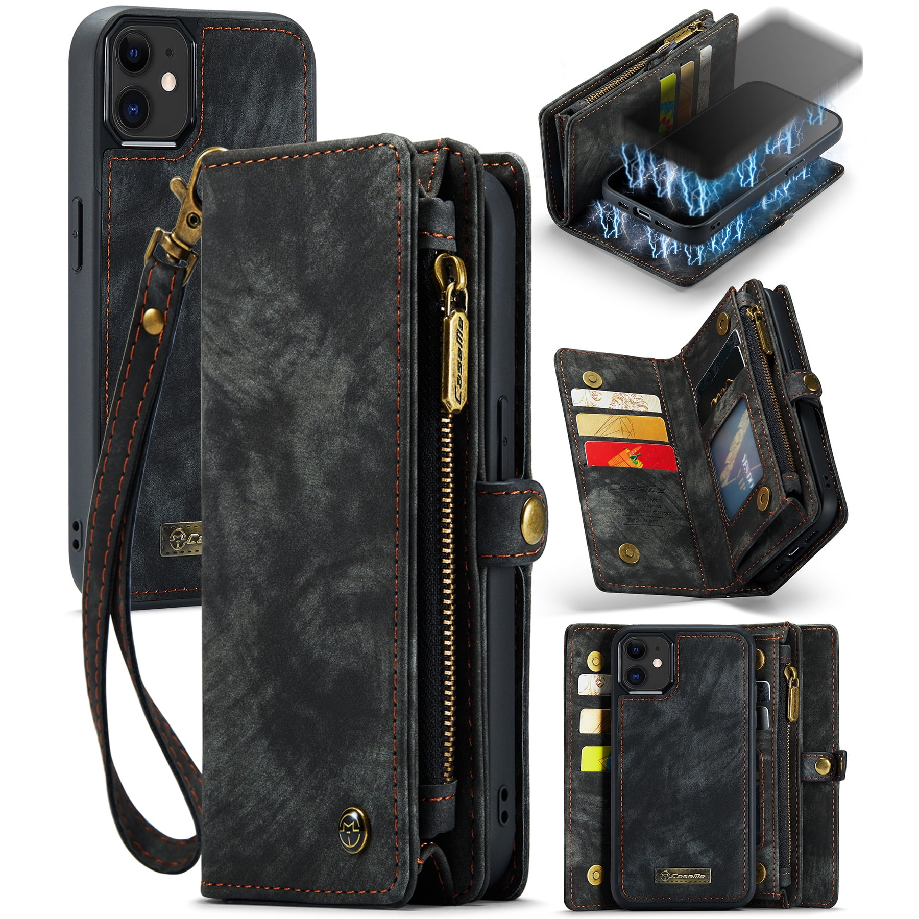 Feishell Durable 2-In-1 Magnetic Detachable Wallet Case for iPhone 12 / iPhone 12 Pro,for Women Men,Premium PU Leather Zipper Pocket Flip Multi Card Slots Purse Phone Case with Wrist Strap,Black