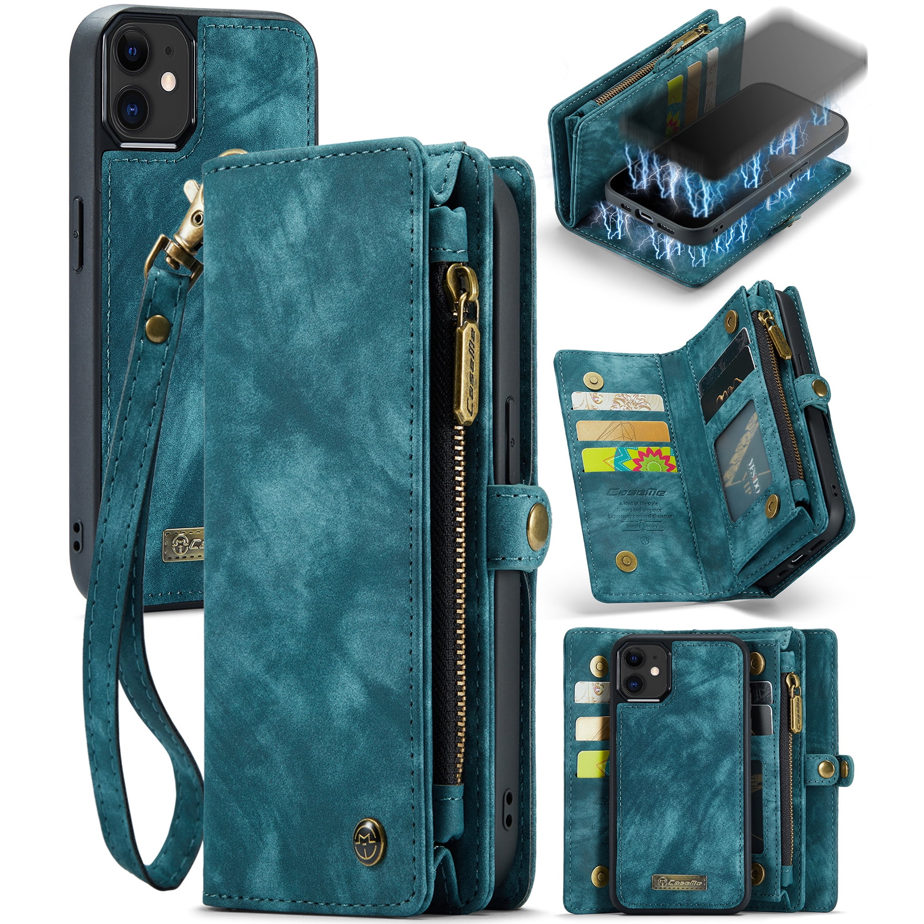 Feishell Durable 2-In-1 Magnetic Detachable Wallet Case for iPhone 12 / iPhone 12 Pro,for Women Men,Premium PU Leather Zipper Pocket Flip Multi Card Slots Purse Phone Case with Wrist Strap,Green