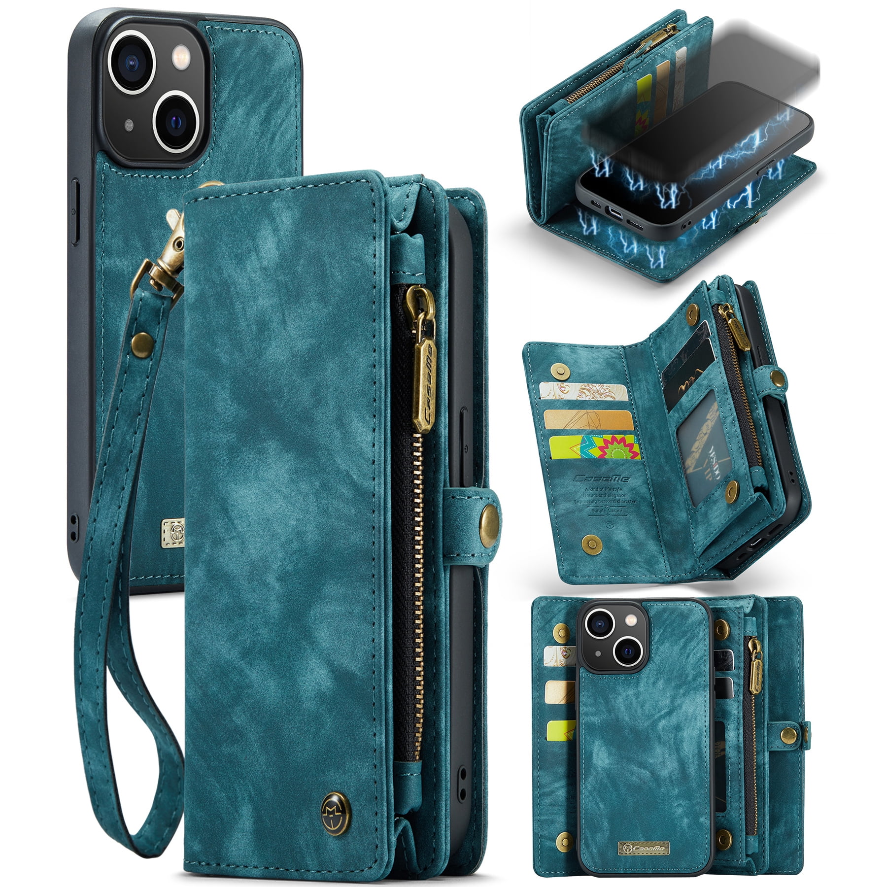 Feishell Durable 2-In-1 Magnetic Detachable Wallet Case for iPhone 13,for Women Men,Premium PU Leather Zipper Pocket Flip Multi Card Slots Purse Phone Case with Wrist Strap,Green