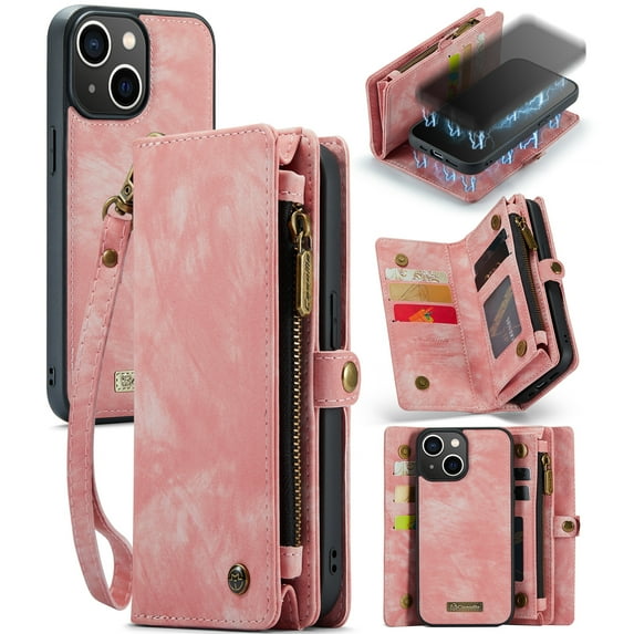 Feishell Durable 2-In-1 Magnetic Detachable Wallet Case for iPhone 13 mini,for Women Men,Premium PU Leather Zipper Pocket Flip Multi Card Slots Purse Phone Case with Wrist Strap,Pink