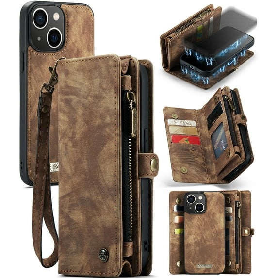 Feishell Durable 2-In-1 Magnetic Detachable Wallet Case for iPhone 13 mini,for Women Men,Premium PU Leather Zipper Pocket Flip Multi Card Slots Purse Phone Case with Wrist Strap,Darkbrown