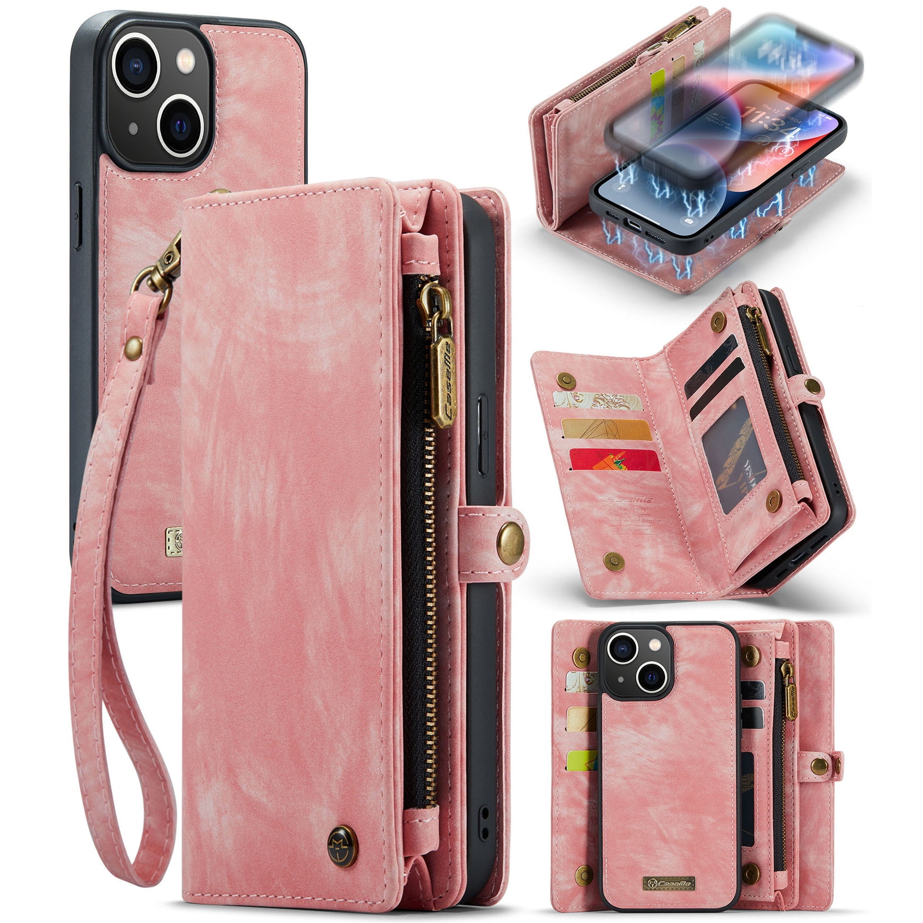 Feishell Durable 2-In-1 Magnetic Detachable Wallet Case for iPhone 15,for Women Men,Premium PU Leather Zipper Pocket Flip Multi Card Slots Purse Phone Case with Wrist Strap,Pink