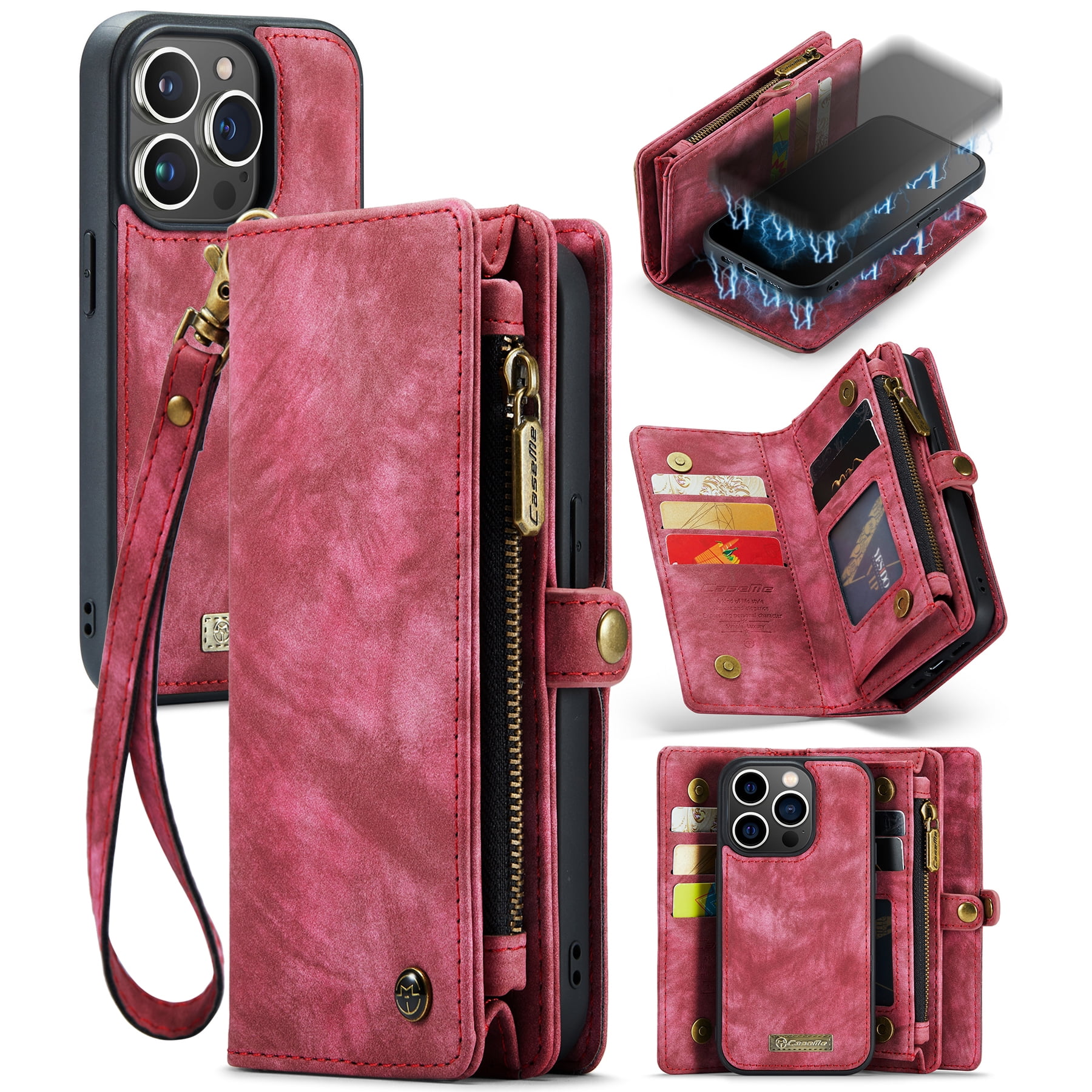 Feishell Durable 2- In-1 Magnetic Detachable Wallet Case for iPhone 16 Pro Max,for Women Men,Premium PU Leather Zipper Pocket Flip Multi Card Slots Purse Phone Case with Wrist Strap,Red