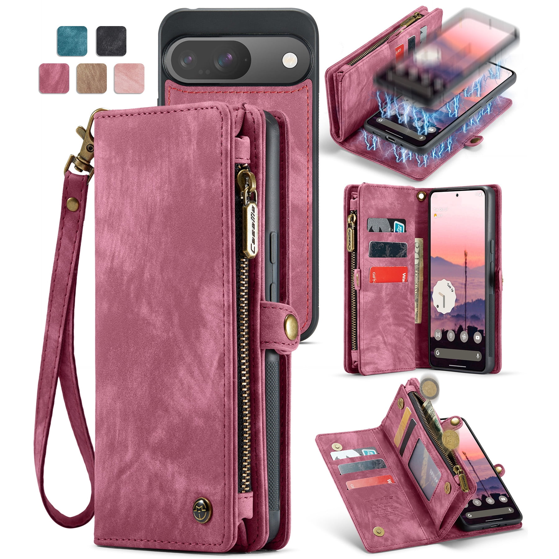 Feishell Durable 2- In-1 Magnetic Detachable Wallet Case for iPhone 16,for Women Men,Premium PU Leather Zipper Pocket Flip Multi Card Slots Purse Phone Case with Wrist Strap,Red