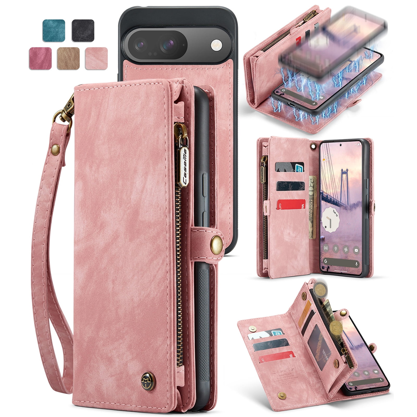 Feishell Durable 2- In-1 Magnetic Detachable Wallet Case for iPhone 16,for Women Men,Premium PU Leather Zipper Pocket Flip Multi Card Slots Purse Phone Case with Wrist Strap,Pink