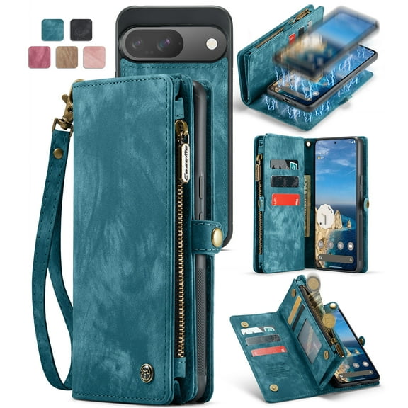 Feishell Durable 2- In-1 Magnetic Detachable Wallet Case for iPhone 16,for Women Men,Premium PU Leather Zipper Pocket Flip Multi Card Slots Purse Phone Case with Wrist Strap,Green