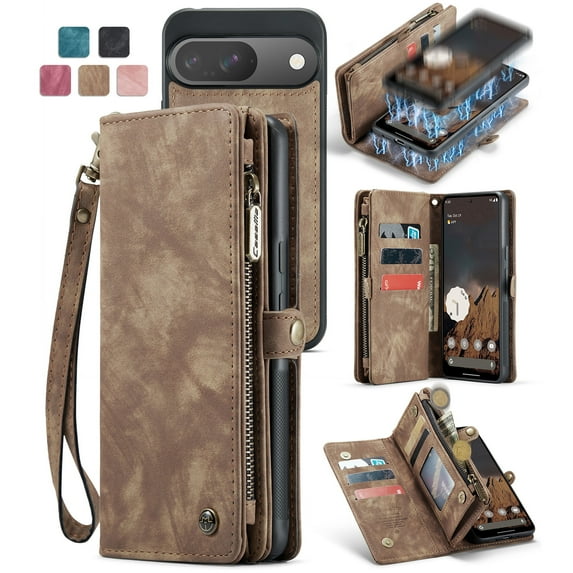 Feishell Durable 2- In-1 Magnetic Detachable Wallet Case for iPhone 16,for Women Men,Premium PU Leather Zipper Pocket Flip Multi Card Slots Purse Phone Case with Wrist Strap,Darkbrown