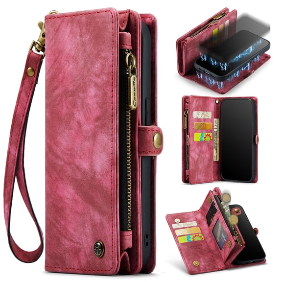 Feishell Durable 2- In-1 Magnetic Detachable Wallet Case for iPhone 16e,for Women Men,Premium PU Leather Zipper Pocket Flip Multi Card Slots Purse Phone Case with Wrist Strap,Red