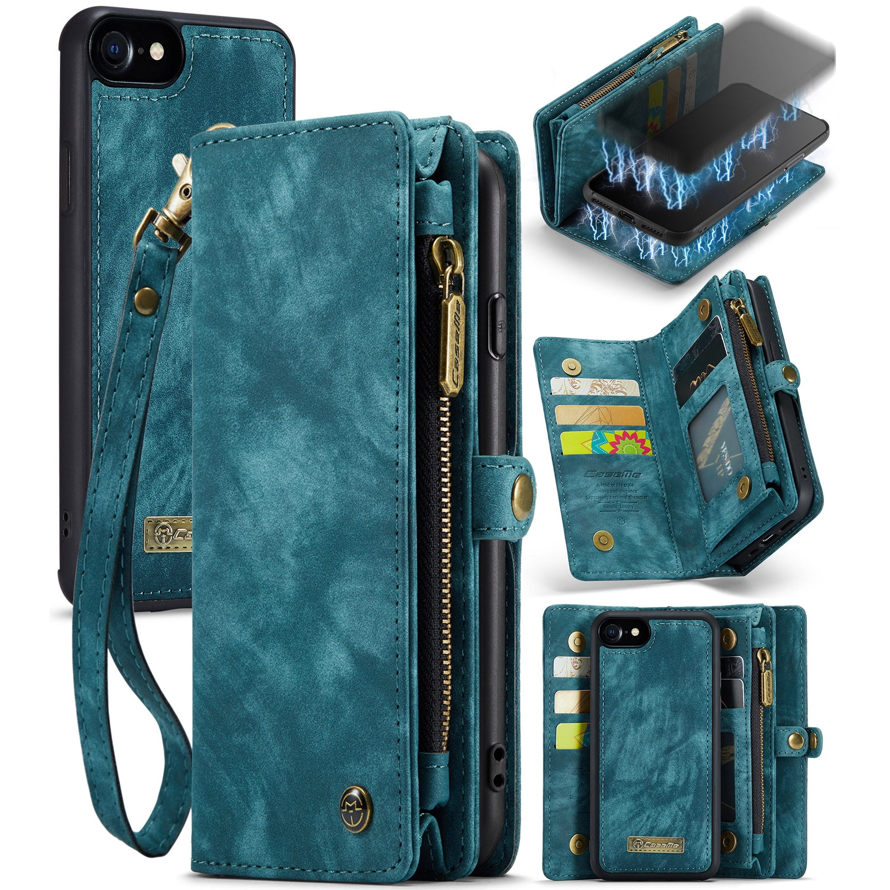 Feishell Durable 2-In-1 Magnetic Detachable Wallet Case for iPhone 7/8/SE 2020/SE 2022,for Women Men,Premium PU Leather Zipper Pocket Flip Multi Card Slots Purse Phone Case with Wrist Strap,Green