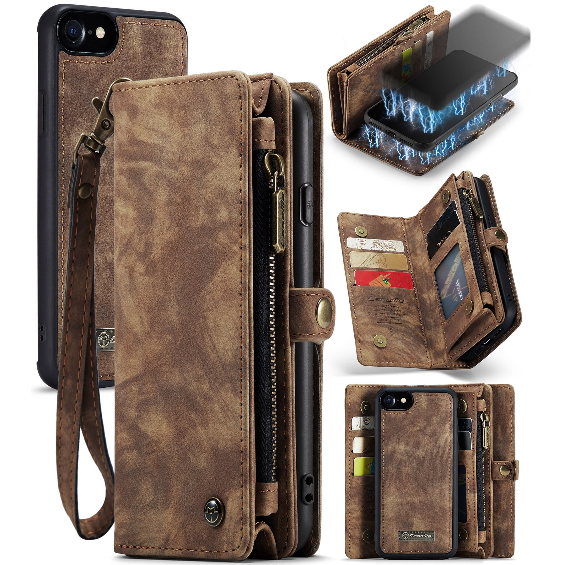 Feishell Durable 2-In-1 Magnetic Detachable Wallet Case for iPhone 7/8/SE 2020/SE 2022,for Women Men,Premium PU Leather Zipper Pocket Flip Multi Card Slots Purse Phone Case with Wrist Strap,Darkbrown