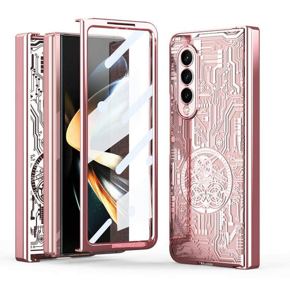 Feishell Electroplated Case for Samsung Galaxy Z Fold 3, Mechanical Texture Rugged PC Hinge Protection Shockproof Cover with Screen Protector Lens Protection Anti-Scratches Folding Case,Rosegold