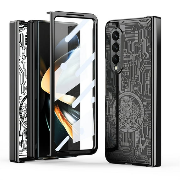 Feishell Electroplated Case for Samsung Galaxy Z Fold 4, Mechanical Texture Rugged PC Hinge Protection Shockproof Cover with Screen Protector Lens Protection Anti-Scratches Folding Case, Black