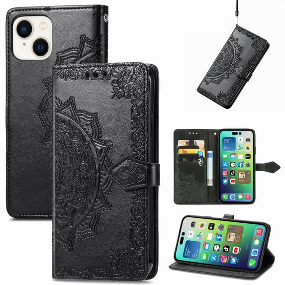 Feishell Embossed PU Leather Wallet Phone Case for Apple iPhone 15,Full Protection Magnetic Clasp Flip Stand Card Slots Shockproof Protective Cover with Hand Strap,Black