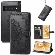 Feishell Embossed PU Leather Wallet Phone Case for Google Pixel 6a 6.1 inch,Full Protection Magnetic Clasp Flip Stand Card Slots Shockproof Protective Cover with Hand Strap,Black