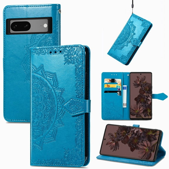 Feishell Embossed PU Leather Wallet Phone Case for Google Pixel 7 6.3 inch,Full Protection Magnetic Clasp Flip Stand Card Slots Shockproof Protective Cover with Hand Strap,Blue