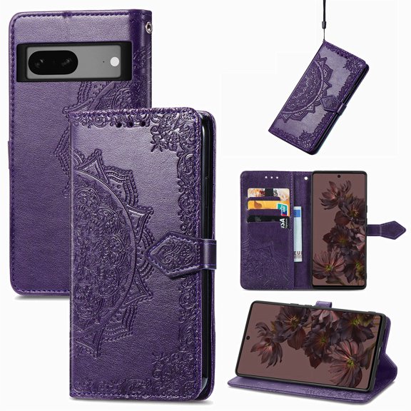 Feishell Embossed PU Leather Wallet Phone Case for Google Pixel 7a 6.1 inch,Full Protection Magnetic Clasp Flip Stand Card Slots Shockproof Protective Cover with Hand Strap,Purple
