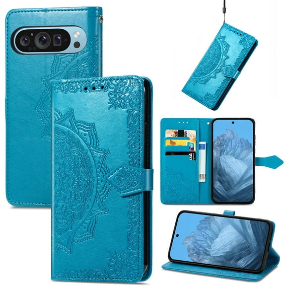 Feishell Embossed PU Leather Wallet Phone Case for Google Pixel 9 / 9 Pro,Full Protection Magnetic Clasp Flip Stand Card Slots Shockproof Protective Cover with Hand Strap,Blue