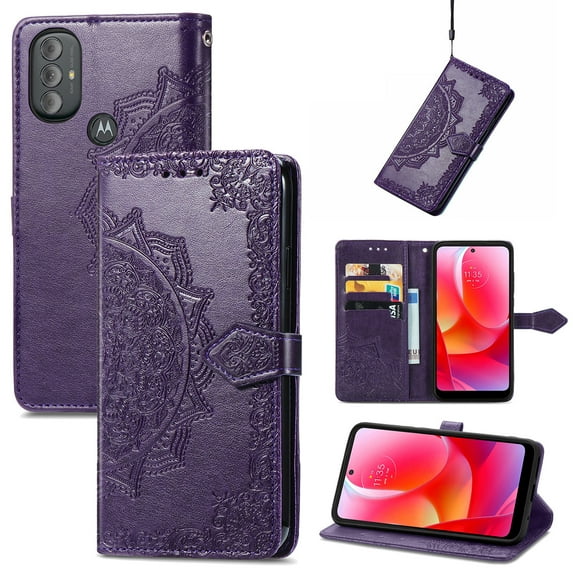 Feishell Embossed PU Leather Wallet Phone Case for Motorola Moto G Power (2022) 6.5 inch,Full Protection Magnetic Clasp Flip Stand Card Slots Shockproof Protective Cover with Hand Strap,Purple