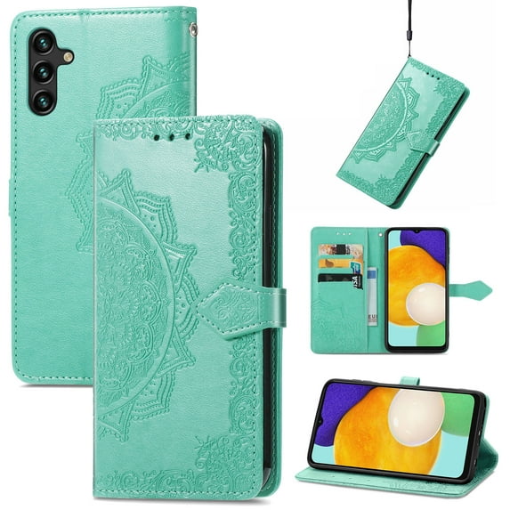 Feishell Embossed PU Leather Wallet Phone Case for Samsung Galaxy A15,Full Protection Magnetic Clasp Flip Stand Card Slots Shockproof Protective Cover with Hand Strap,Green