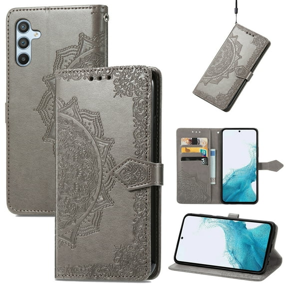 Feishell Embossed PU Leather Wallet Phone Case for Samsung Galaxy A34 5G 6.6 inch,Full Protection Magnetic Clasp Flip Stand Card Slots Shockproof Protective Cover with Hand Strap,Gray