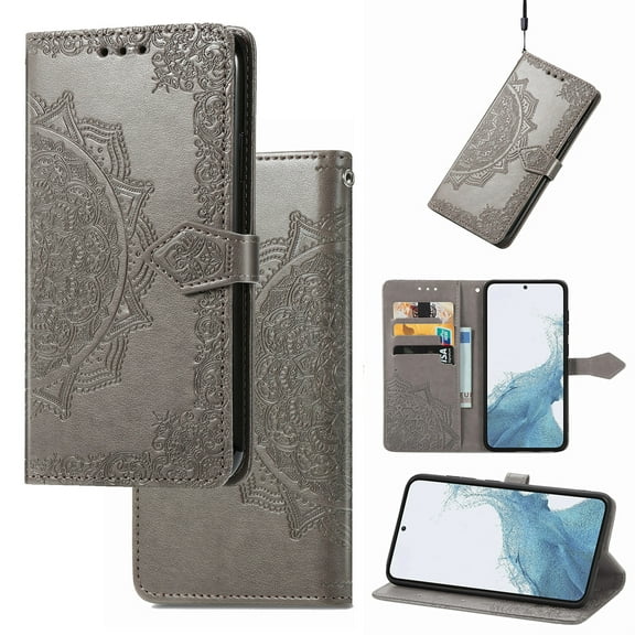 Feishell Embossed PU Leather Wallet Phone Case for Samsung Galaxy A52 5G,Full Protection Magnetic Clasp Flip Stand Card Slots Shockproof Protective Cover with Hand Strap,Gray