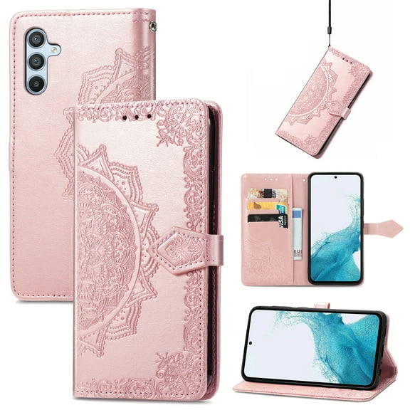 Feishell Embossed PU Leather Wallet Phone Case for Samsung Galaxy A54 5G 6.4 inch,Full Protection Magnetic Clasp Flip Stand Card Slots Shockproof Protective Cover with Hand Strap,Rosegold