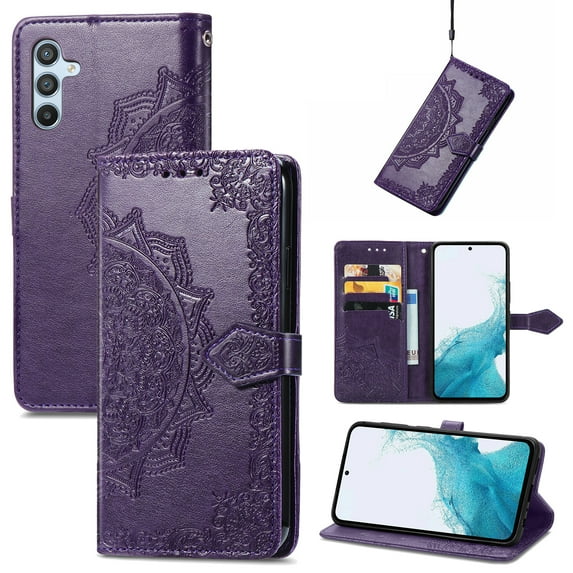 Feishell Embossed PU Leather Wallet Phone Case for Samsung Galaxy A54 5G 6.4 inch,Full Protection Magnetic Clasp Flip Stand Card Slots Shockproof Protective Cover with Hand Strap,Purple