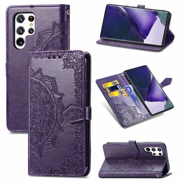 Feishell Embossed PU Leather Wallet Phone Case for Samsung Galaxy S22 Ultra 6.8 inch,Full Protection Magnetic Clasp Flip Stand Card Slots Shockproof Protective Cover with Hand Strap,Purple