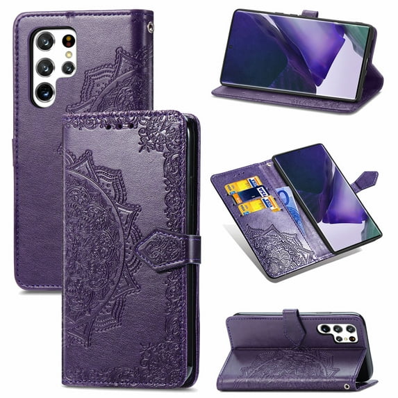Feishell Embossed PU Leather Wallet Phone Case for Samsung Galaxy S23 Ultra 6.8 inch,Full Protection Magnetic Clasp Flip Stand Card Slots Shockproof Protective Cover with Hand Strap,Purple