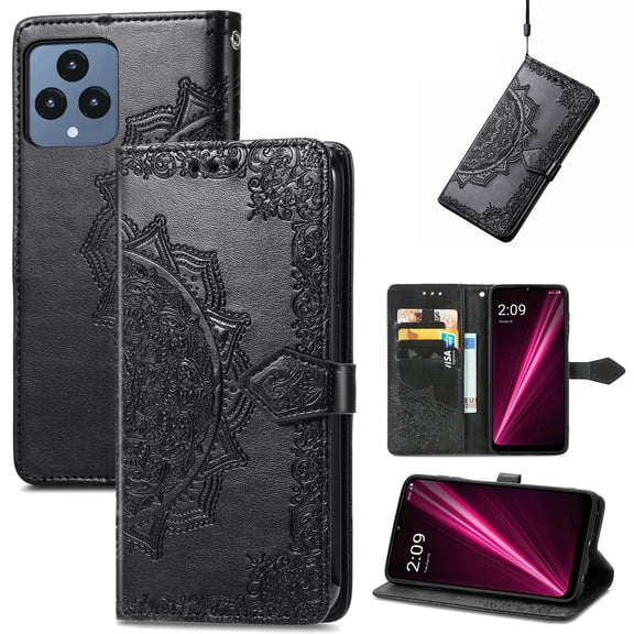 Feishell Embossed PU Leather Wallet Phone Case for T-Mobile REVVL 6 6.52 inch,Full Protection Magnetic Clasp Flip Stand Card Slots Shockproof Protective Cover with Hand Strap,Black