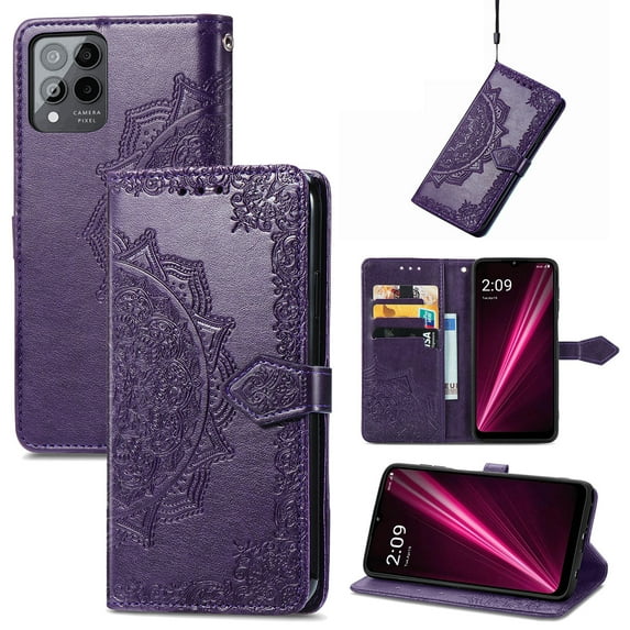 Feishell Embossed PU Leather Wallet Phone Case for T-Mobile REVVL 6 Pro 6.82 inch,Full Protection Magnetic Clasp Flip Stand Card Slots Shockproof Protective Cover with Hand Strap,Purple