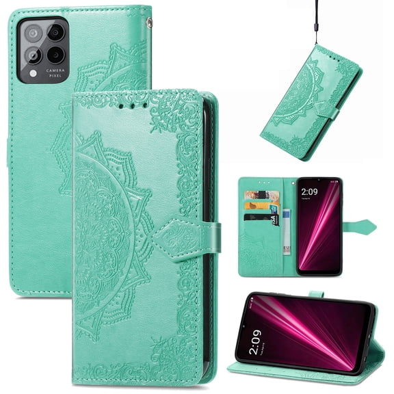Feishell Embossed PU Leather Wallet Phone Case for T-Mobile REVVL 6 Pro 6.82 inch,Full Protection Magnetic Clasp Flip Stand Card Slots Shockproof Protective Cover with Hand Strap,Green