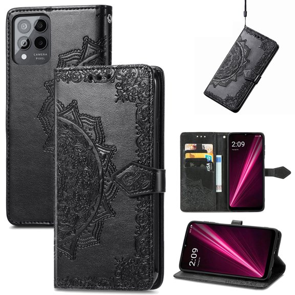 Feishell Embossed PU Leather Wallet Phone Case for T-Mobile REVVL 6 Pro 6.82 inch,Full Protection Magnetic Clasp Flip Stand Card Slots Shockproof Protective Cover with Hand Strap,Black