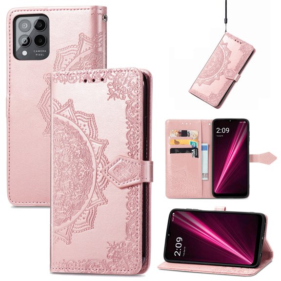 Feishell Embossed PU Leather Wallet Phone Case for T-Mobile REVVL 6 Pro 6.82 inch,Full Protection Magnetic Clasp Flip Stand Card Slots Shockproof Protective Cover with Hand Strap,Rosegold