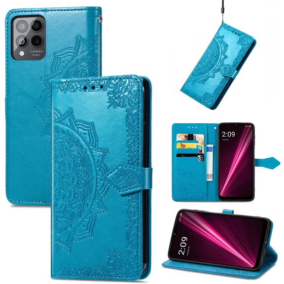 Feishell Embossed PU Leather Wallet Phone Case for T-Mobile REVVL 6 Pro 6.82 inch,Full Protection Magnetic Clasp Flip Stand Card Slots Shockproof Protective Cover with Hand Strap,Blue