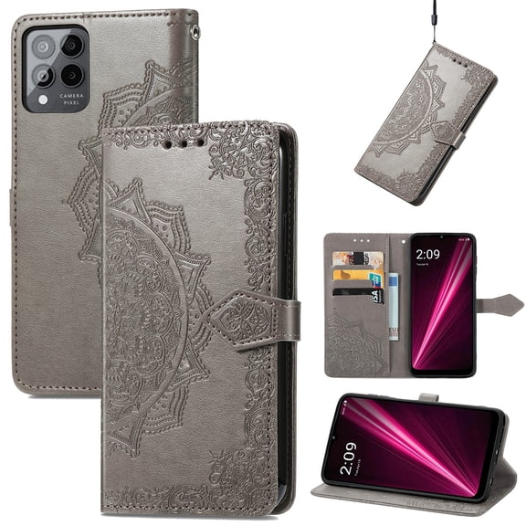 Feishell Embossed PU Leather Wallet Phone Case for T-Mobile REVVL 6 Pro 6.82 inch,Full Protection Magnetic Clasp Flip Stand Card Slots Shockproof Protective Cover with Hand Strap,Gray