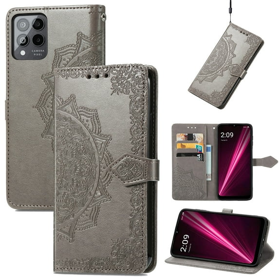 Feishell Embossed PU Leather Wallet Phone Case for T-Mobile REVVL 6 Pro 6.82 inch,Full Protection Magnetic Clasp Flip Stand Card Slots Shockproof Protective Cover with Hand Strap,Gray