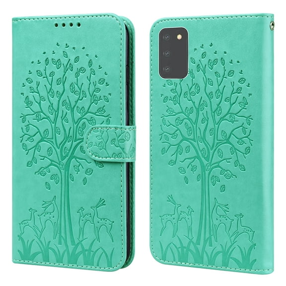 Feishell Embossing Tree & Deer Pattern PU Leather Case for Samsung Galaxy A03s (6.5 inch),Magnetic Clasp Flip Kickstand ID Credit Card Slots Wallet Shockproof Slim Phone Case,Green
