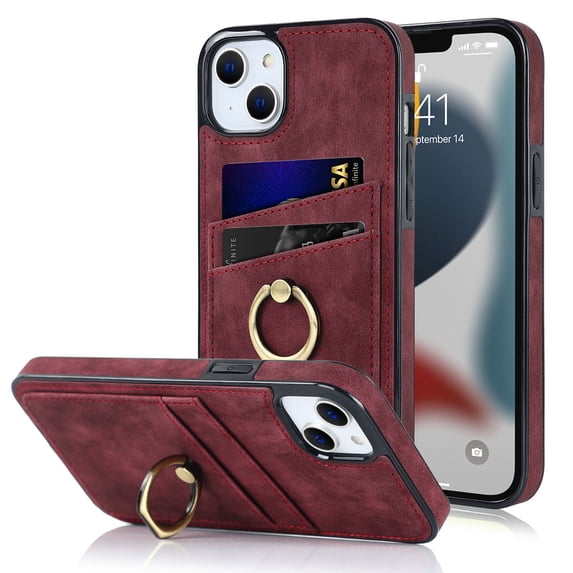 Feishell Fit for Apple iPhone 13 Case with 360° Rotatable Ring Holder,Shockproof Drop Resistant Premium Plain PU Leather Soft TPU Card Slots Kickstand Back Protective Phone Case,Winered