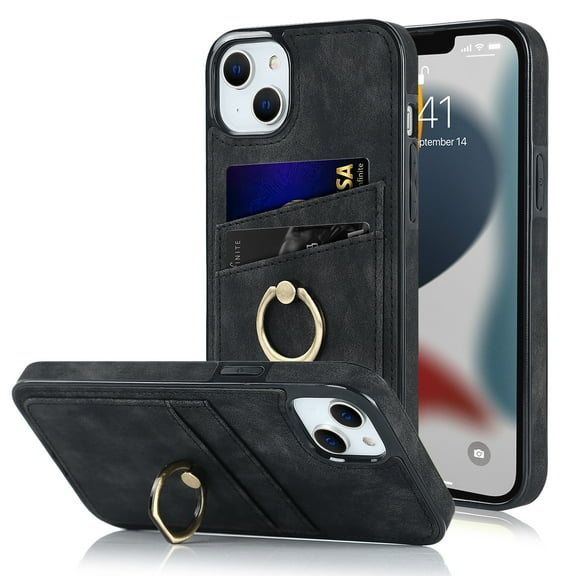 Feishell Fit for Apple iPhone 13 Case with 360° Rotatable Ring Holder,Shockproof Drop Resistant Premium Plain PU Leather Soft TPU Card Slots Kickstand Back Protective Phone Case,Black