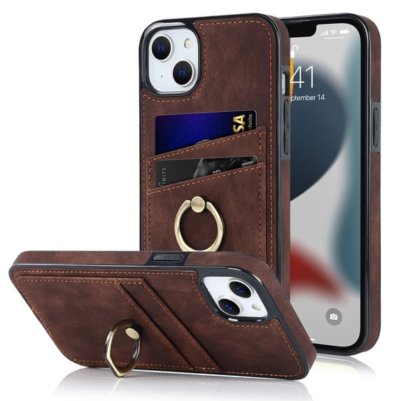 Feishell Fit for Apple iPhone 13 Case with 360° Rotatable Ring Holder,Shockproof Drop Resistant Premium Plain PU Leather Soft TPU Card Slots Kickstand Back Protective Phone Case,Coffee