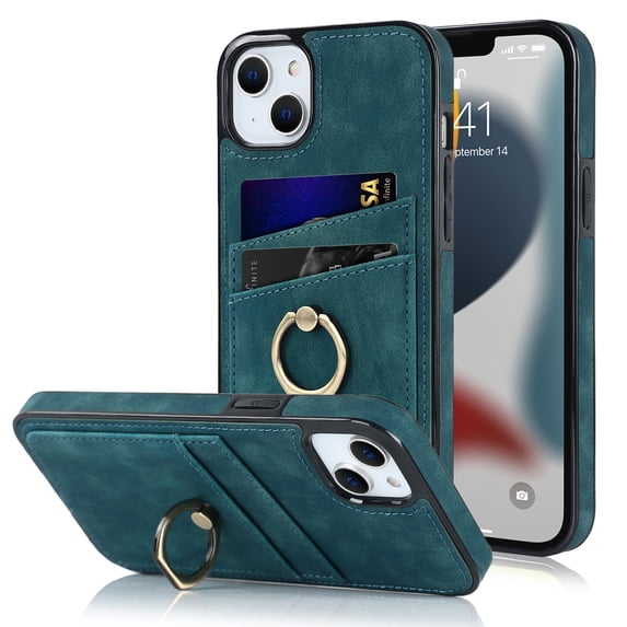 Feishell Fit for Apple iPhone 13 Case with 360° Rotatable Ring Holder,Shockproof Drop Resistant Premium Plain PU Leather Soft TPU Card Slots Kickstand Back Protective Phone Case,Blue