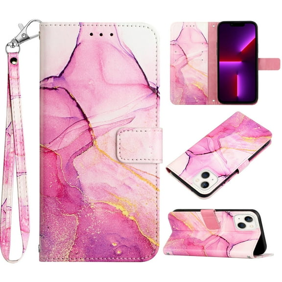 Feishell Fit for Apple iPhone 13 Wallet Case with Wrist Strap,Stylish Marble Pattern Premium PU Leather Folio Flip Credit Card Slots Kickstand Shockproof Protective Phone Cover,A